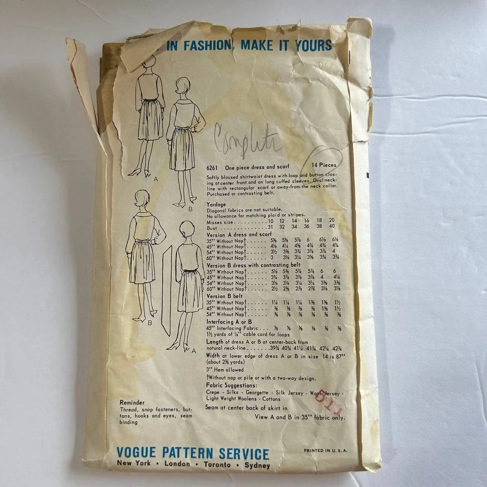 Vogue Vintage 1960's Pattern #6261 One Piece Dress And Scarf‎ Size 18